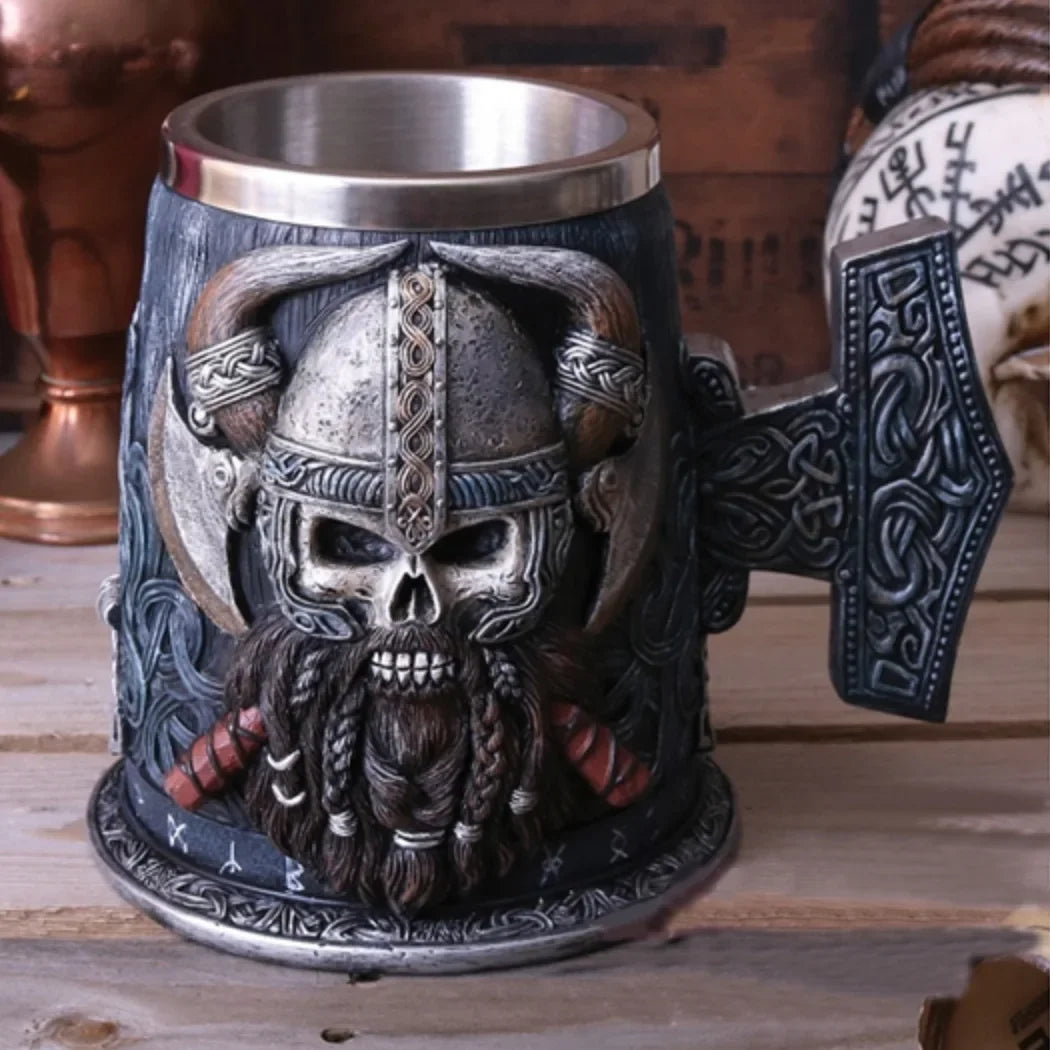 Viking Resin Stainless Steel Beer Mug Pirate Stein Creative Tankard Skull Coffee/ Tea Mug Tumbler Pub Bar Decor, Gift to Father, Husband