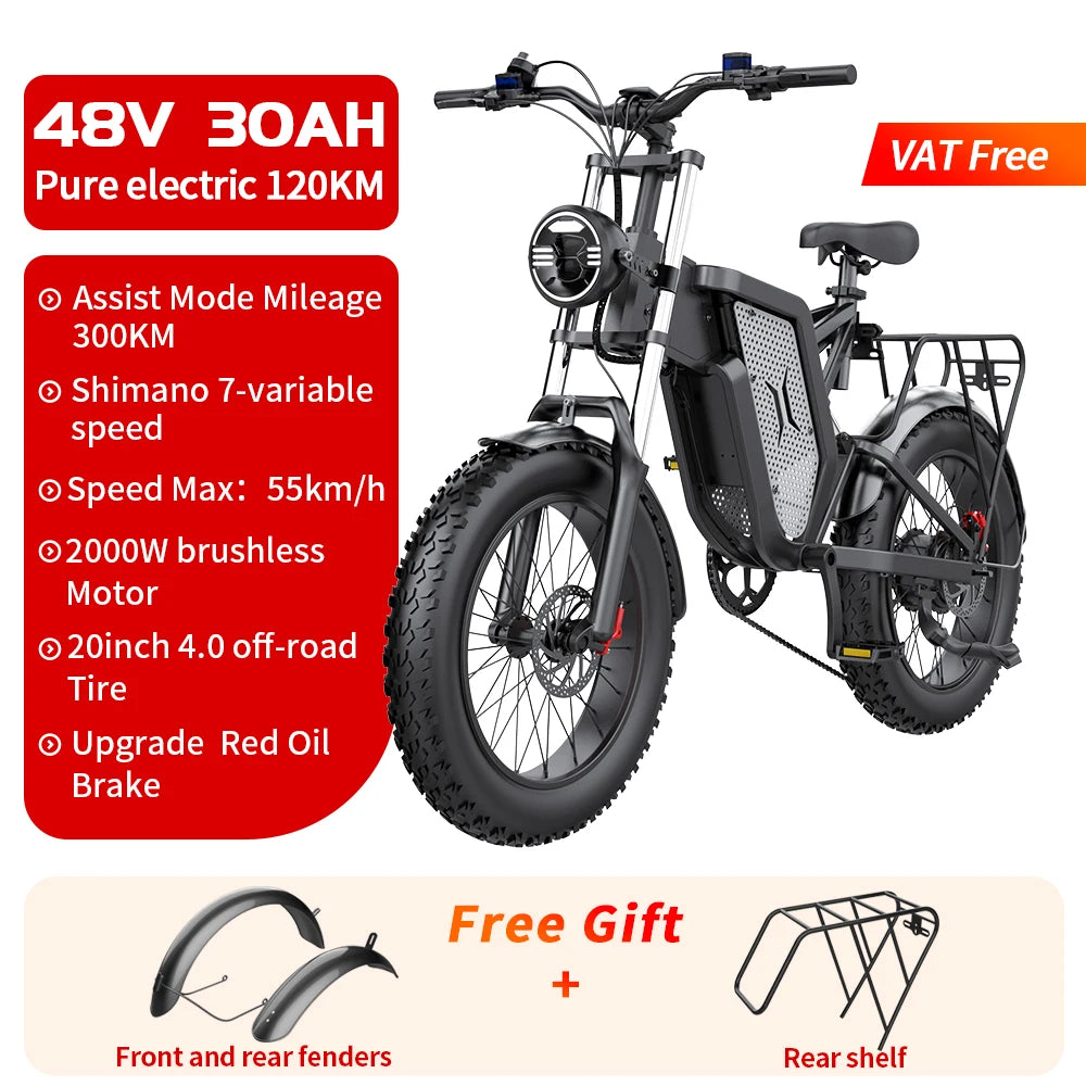 Electric Mountain Bike X20 - Moped Ebike - 20 Inch Fat Tire - 2000W 48V 35AH Men's Road EBike - Electric Bicycle For Adults E Bikes