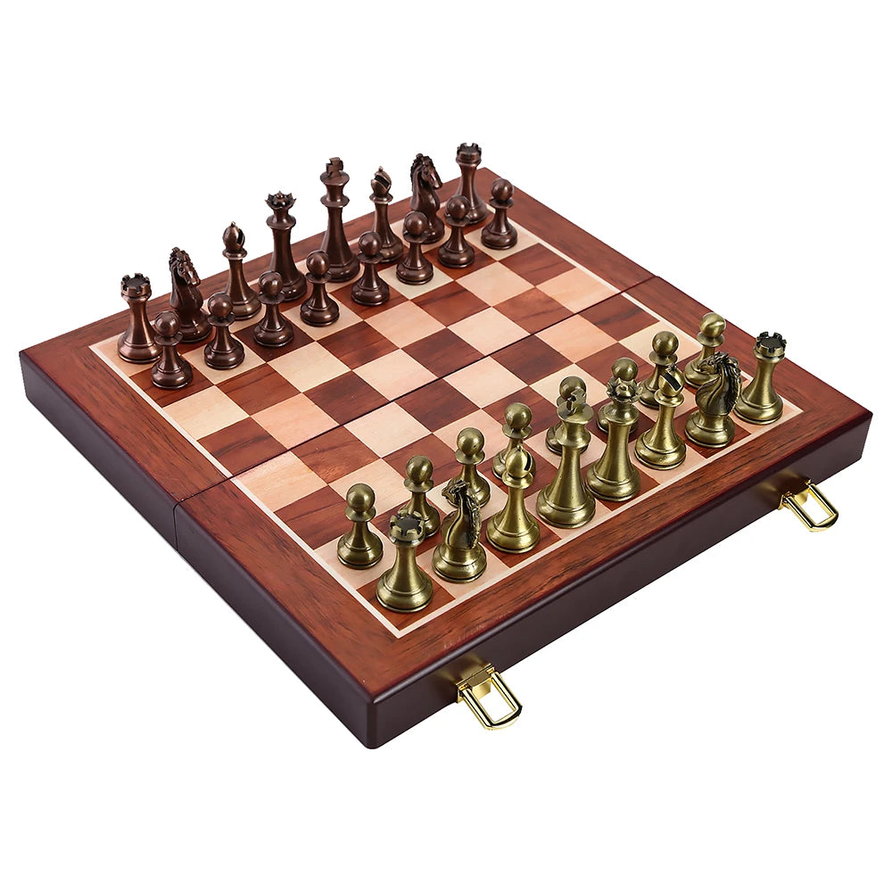 Metal Medieval Chess Set with High Quality Wooden Chessboard Adult and Children 32 Metal Chess Pieces