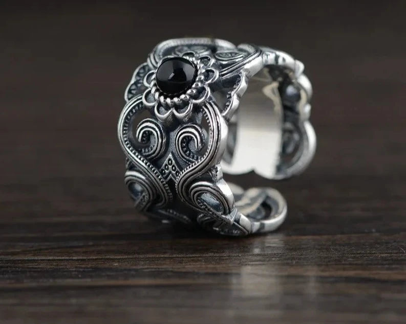 Sterling Silver Vintage Thai Silver Inlaid Black Agate Ring for Men