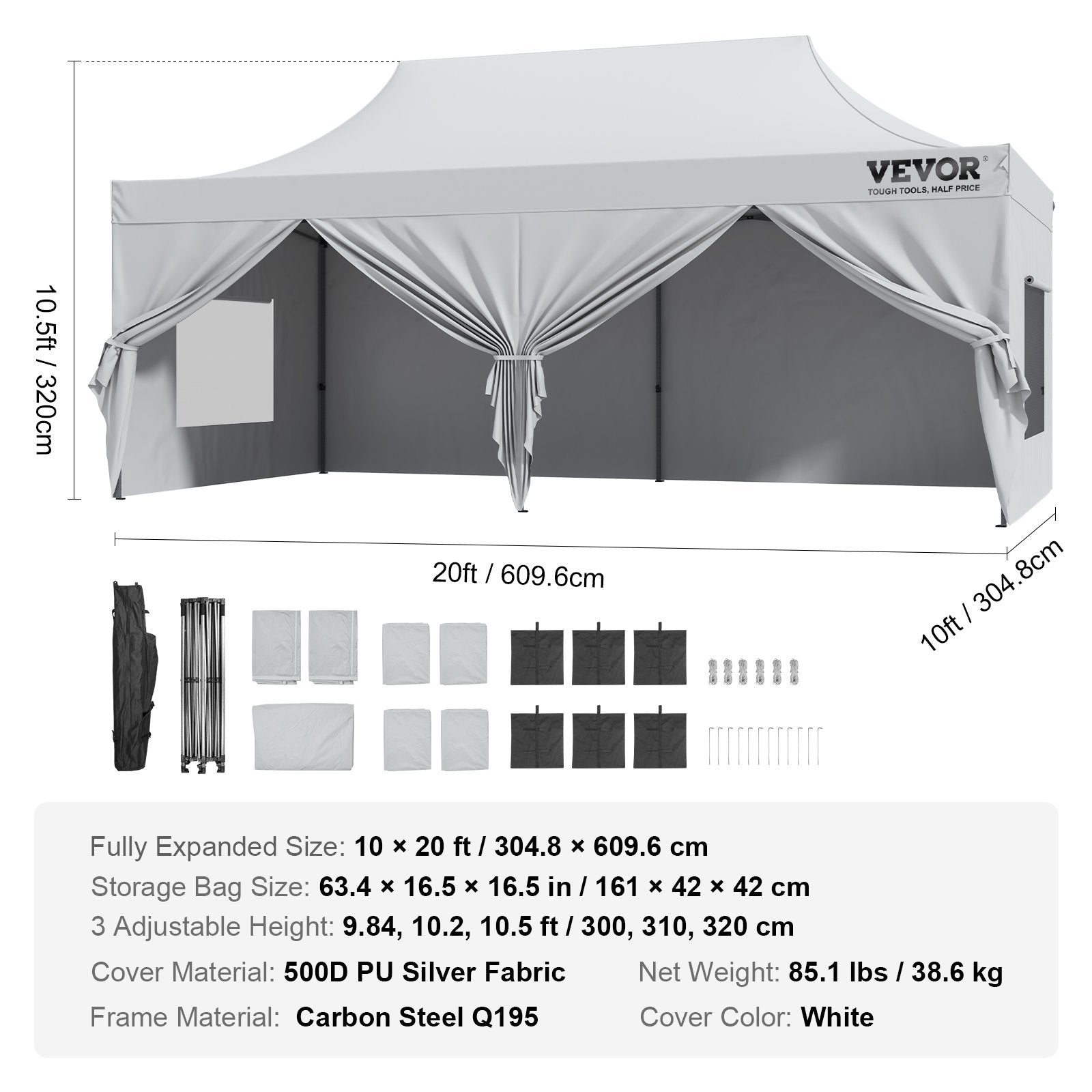 VEVOR 10 x 20 FT Pop up Canopy with Removable Sidewalls, Instant Canopies Portable Gazebo & Wheeled Bag, UV Resistant Waterproof, Enclosed Canopy Tent for Outdoor Events, Patio, Backyard, Party, Parking  | VEVOR US