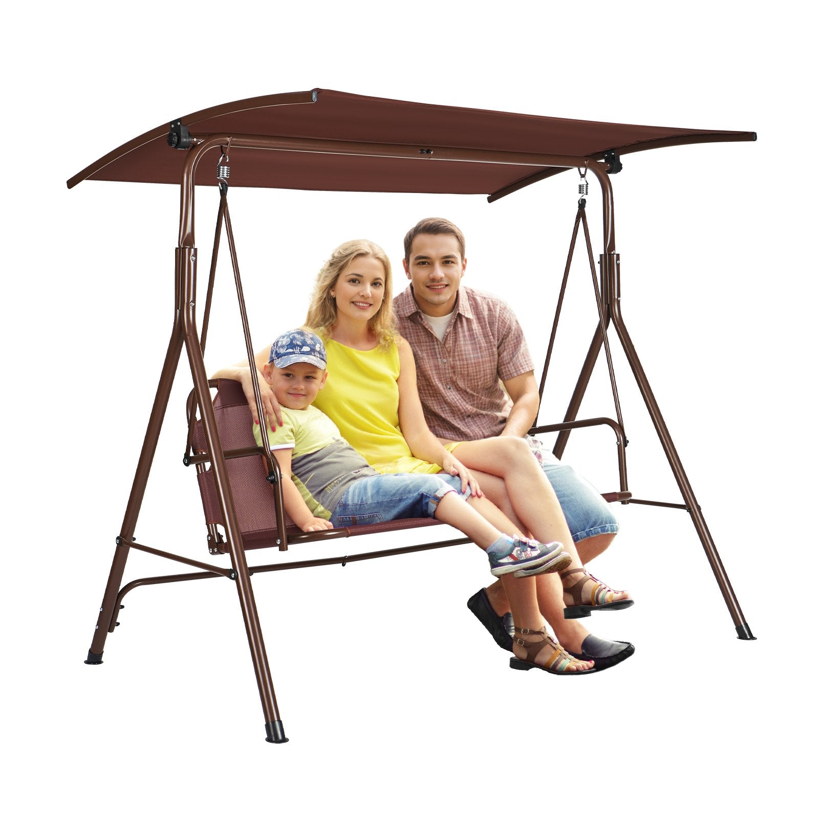 VEVOR 3-Person Patio Swing Chair, Outdoor Patio Swing with Adjustable Canopy, Porch Swing with Armrests, Teslin Fabric and Alloy Steel Frame, for Balcony, Backyard, Patio, Garden, Poolside, Brown