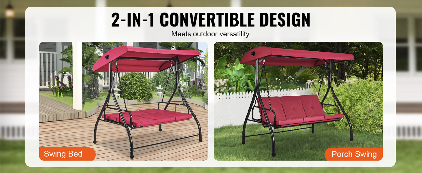 VEVOR 3-Seat Patio Swing Chair, Converting Canopy Swing, Outdoor Patio Porch with Adjustable Canopy, Removable Thick Cushion and Alloy Steel Frame, for Balcony, Backyard, Poolside, Burgundy