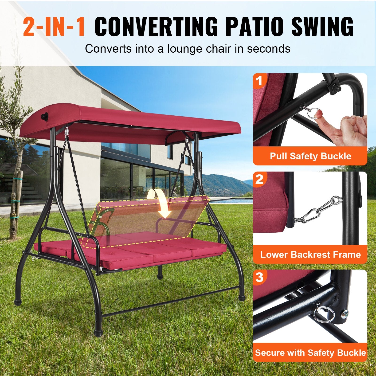 VEVOR 3-Seat Patio Swing Chair, Converting Canopy Swing, Outdoor Patio Porch with Adjustable Canopy, Removable Thick Cushion and Alloy Steel Frame, for Balcony, Backyard, Poolside, Burgundy