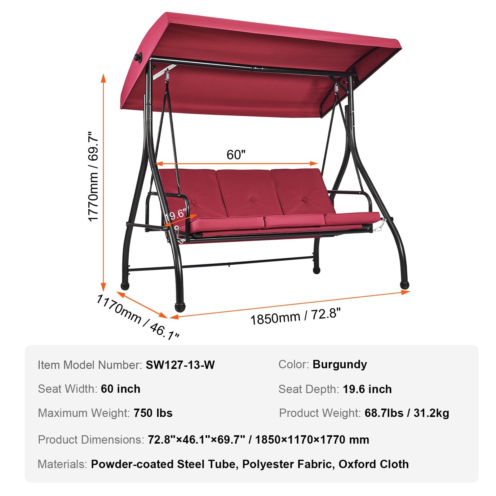 VEVOR 3-Seat Patio Swing Chair, Converting Canopy Swing, Outdoor Patio Porch with Adjustable Canopy, Removable Thick Cushion and Alloy Steel Frame, for Balcony, Backyard, Poolside, Burgundy