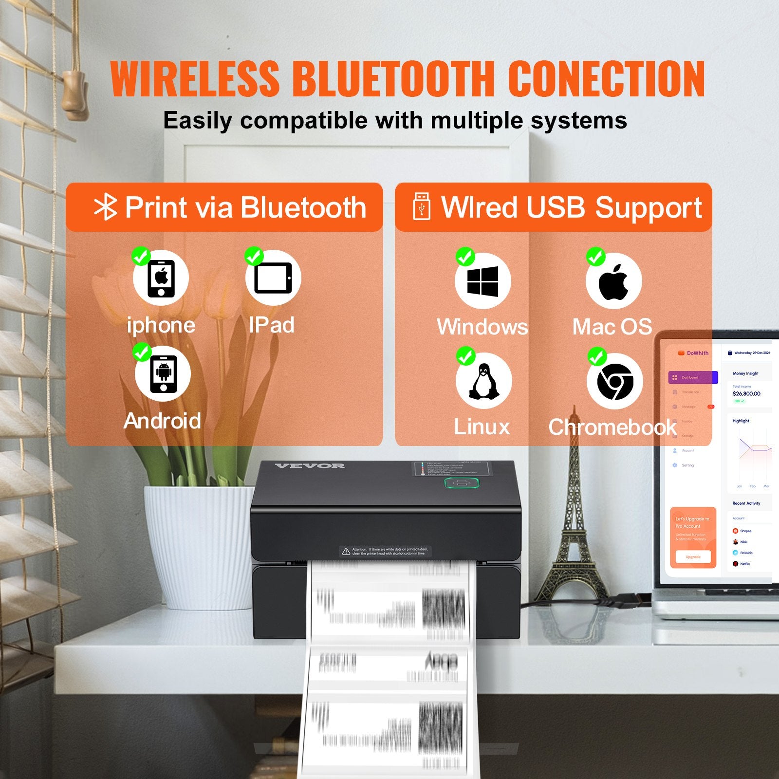 VEVOR 300DPI Bluetooth Thermal Label Printer w/Auto Recognition & Rohm Printer Head, Wireless Shipping Label Printer for 1.57" - 4.25" Width Labels,Thermal Printer Supports Shipping, Barcode, Household Labels and More