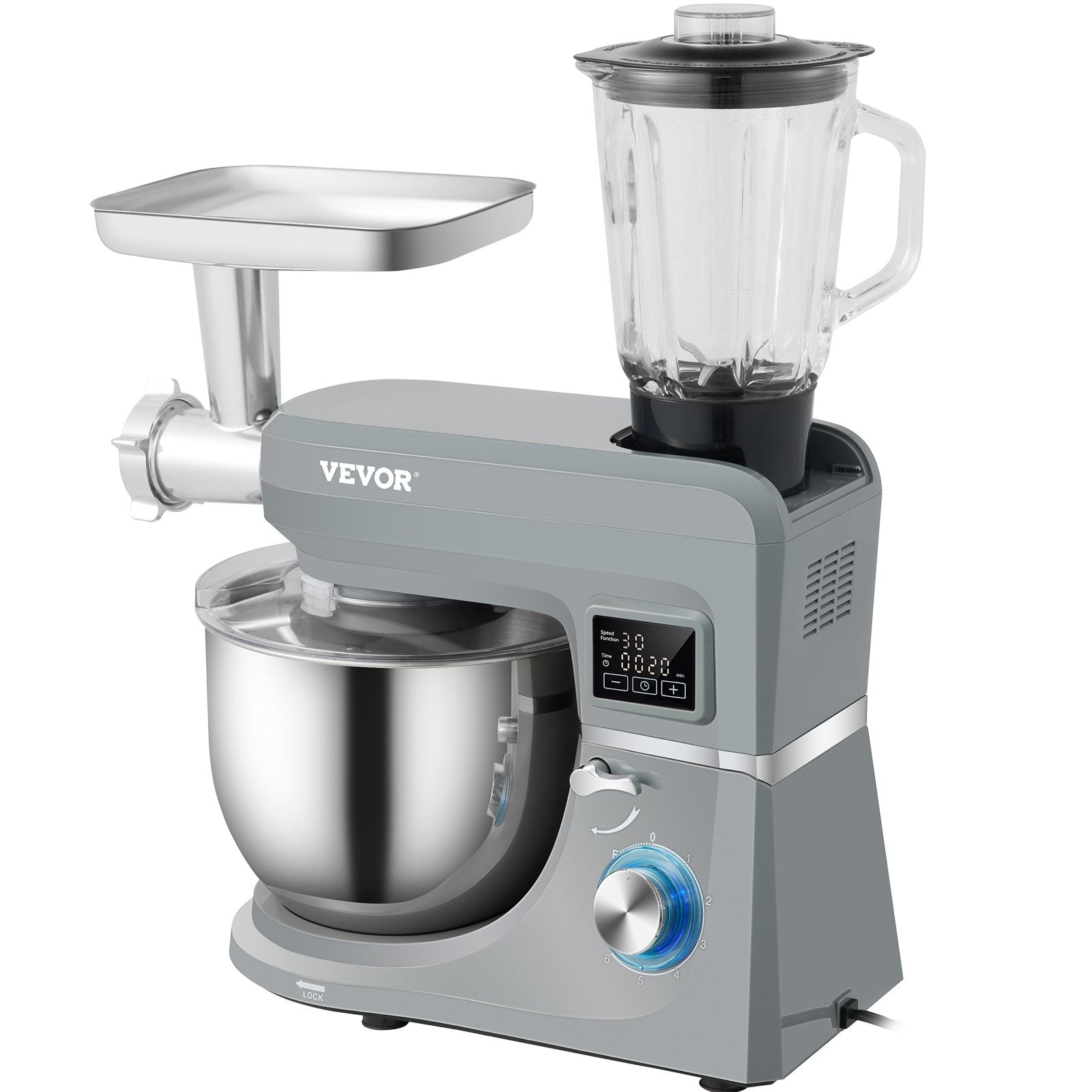 VEVOR 5 IN 1 Stand Mixer, 660W Tilt-Head Multifunctional Electric Mixer with 6 Speeds LCD Screen Timing, 7.4 Qt Stainless Bowl, Dough Hook, Flat Beater, Whisk, Scraper, Meat Grinder, Juice Cup - Gray