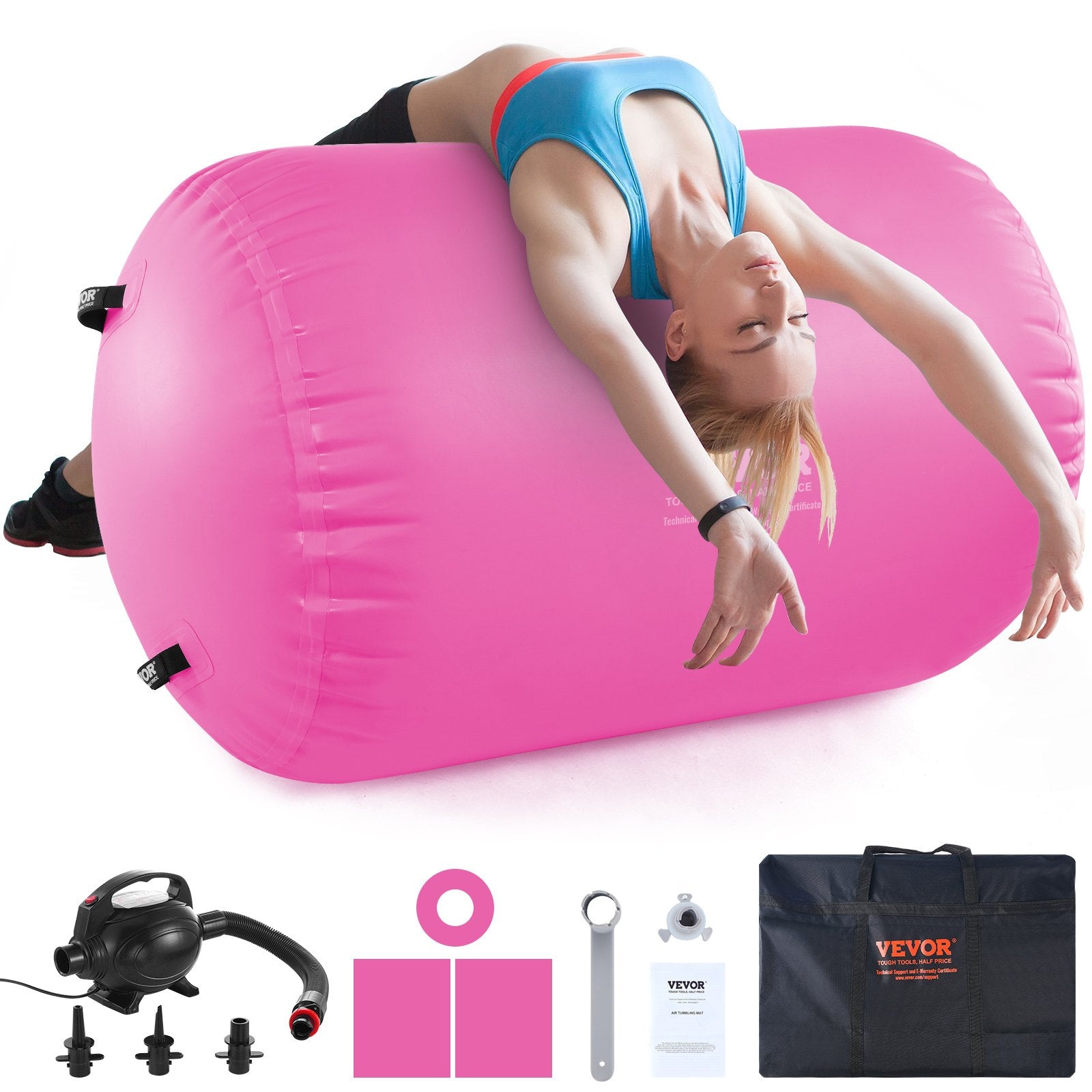 VEVOR Air Mat Tumble Track Air Spot 23.6x48.4 inches, Round Inflatable Air Roller, Air Barrel Gymnastic Equipment with Electric Pump, Tumbling Backbend Trainer for Home Use/Gym/Yoga/Cheerleading/Beach/Park/Water, Pink