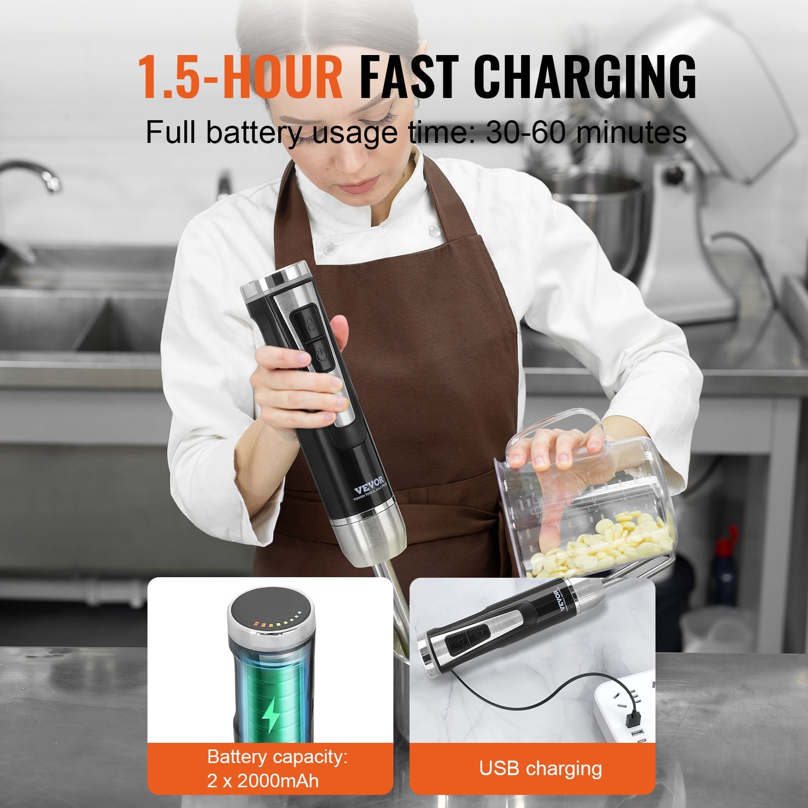 VEVOR Commercial Immersion Blender, 200 Watt 8-Speed Heavy Duty Immersion Blender, Stainless Steel Blade Copper Motor Hand Mixer, USB Charging Cable Multi-purpose Easy Control Grip Stick Mixer, Black