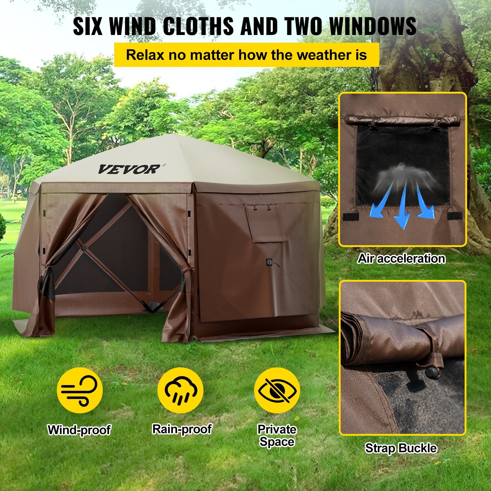 VEVOR Camping Gazebo Screen Tent, 12 x 12ft, 6 Sided Pop-up Canopy Shelter Tent with Mesh Windows, Portable Carry Bag, Stakes, Large Shade Tents for Outdoor Camping, Lawn and Backyard, Brown/Beige