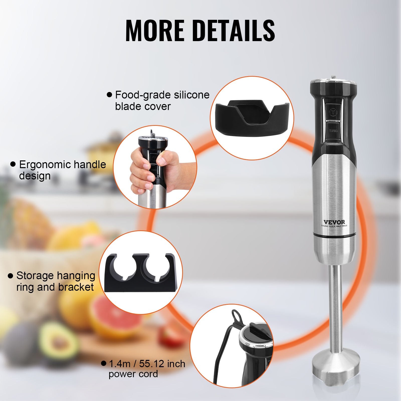 VEVOR Commercial Immersion Blender, 12-Speed Heavy Duty Immersion Blender, Stainless Steel Blade Copper Motor Hand Mixer, Portable Mixer with Measuring Cup, Whisk, Milk Frother, Silver