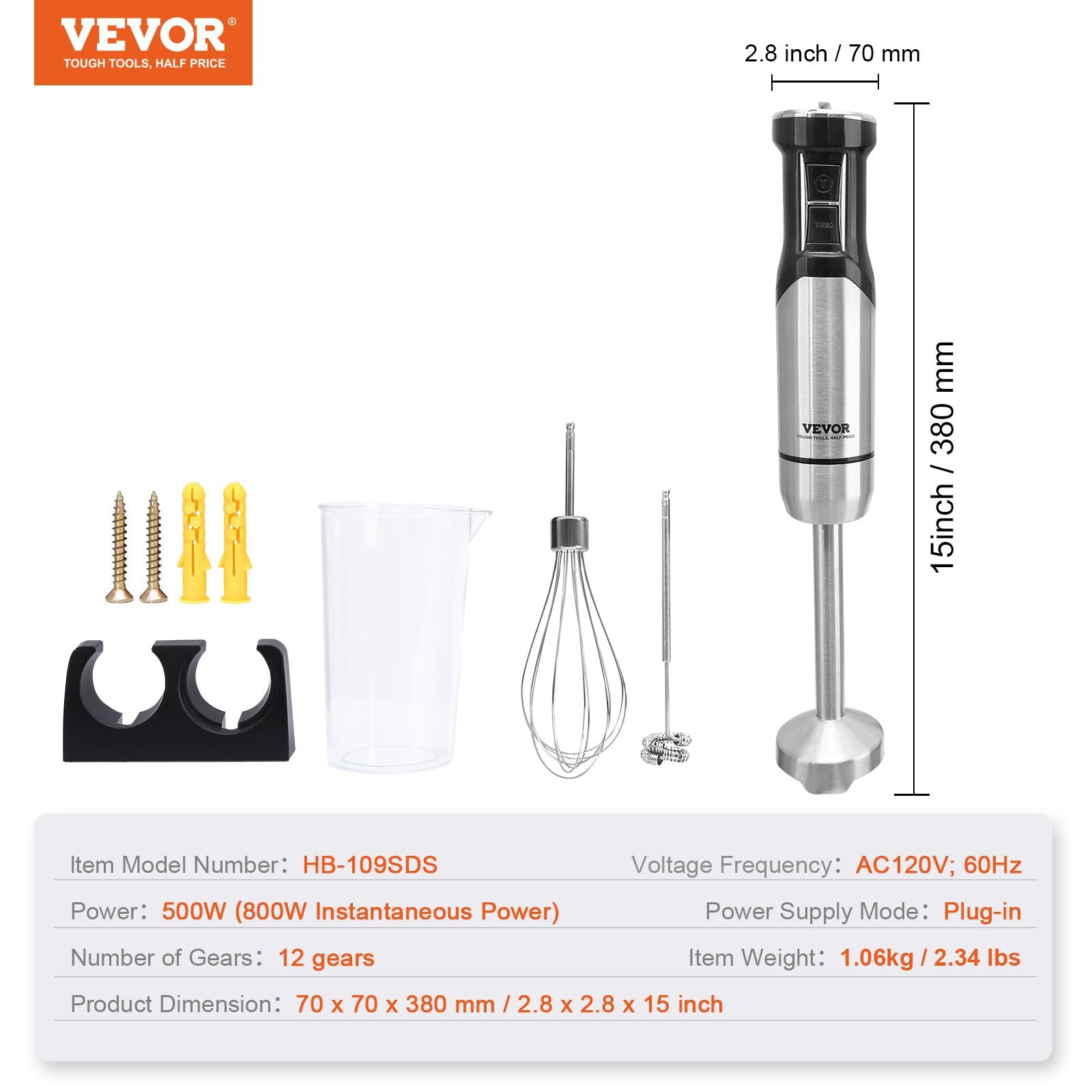 VEVOR Commercial Immersion Blender, 12-Speed Heavy Duty Immersion Blender, Stainless Steel Blade Copper Motor Hand Mixer, Portable Mixer with Measuring Cup, Whisk, Milk Frother, Silver