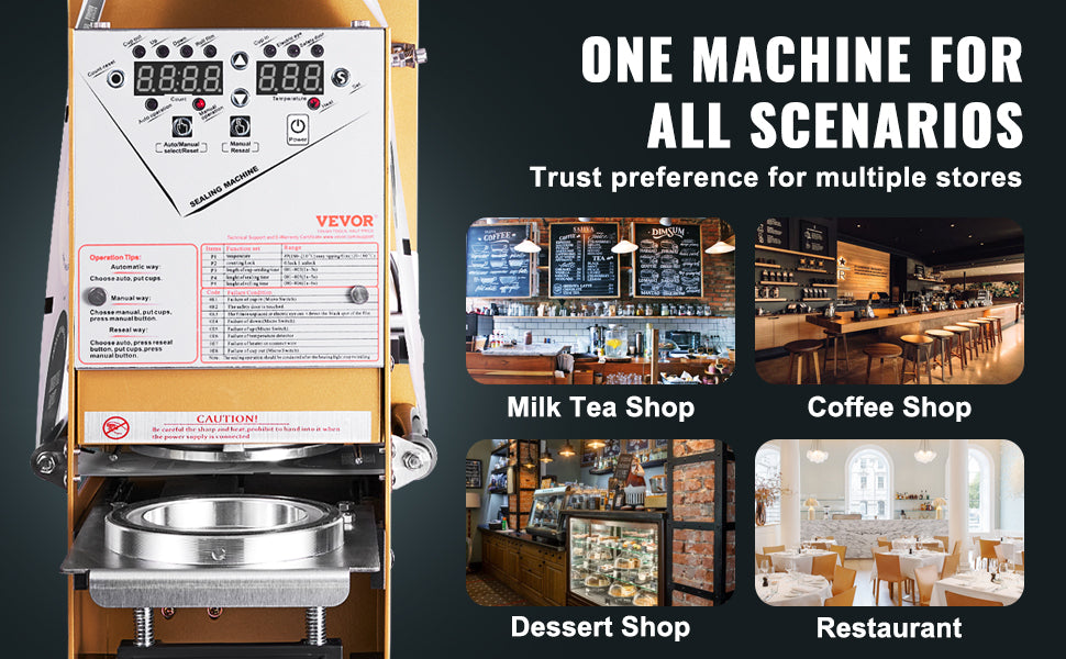 VEVOR Fully Automatic Cup Sealing Machine, 500-650 Cups/H, Cup Sealer Machine for 180 mm Tall & 90/95 mm Cup, Electric Boba Tea Sealer with Digital Control LCD Panel for Bubble Milk Tea Coffee, Gold