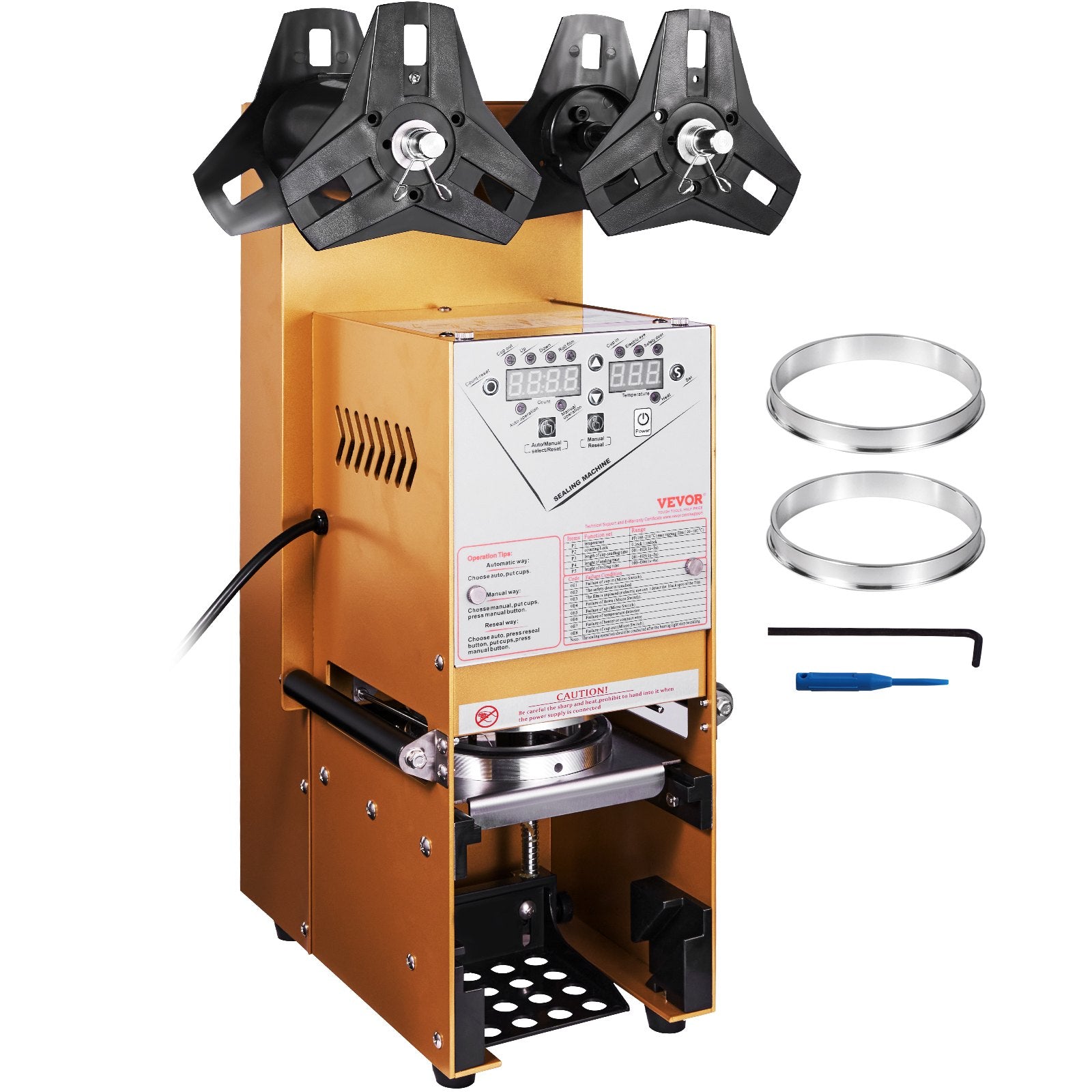 VEVOR Fully Automatic Cup Sealing Machine, 500-650 Cups/H, Cup Sealer Machine for 180 mm Tall & 90/95 mm Cup, Electric Boba Tea Sealer with Digital Control LCD Panel for Bubble Milk Tea Coffee, Gold