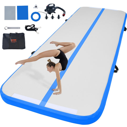 VEVOR 20FT Gymnastics Air Mat 20 x 3FT, 4 inch Thickness Inflatable Gymnastics Tumbling Mat, Tumble Track with Electric Pump, Training Mats for Home Use/Gym/Yoga/Cheerleading/Beach/Park/Water, 20 ft, Blue