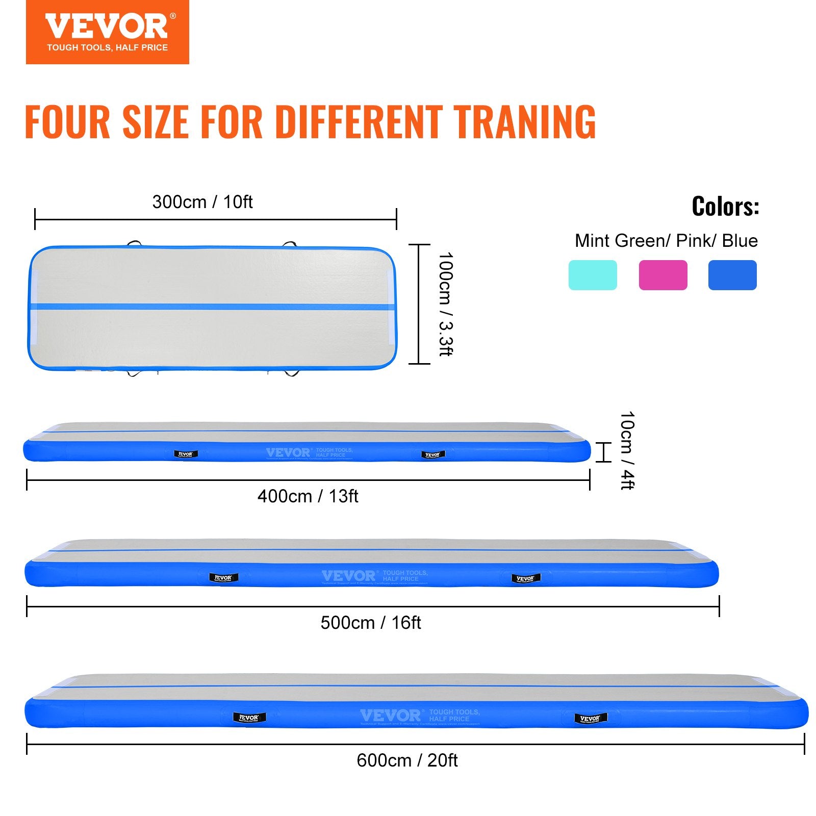 VEVOR 20FT Gymnastics Air Mat 20 x 3FT, 4 inch Thickness Inflatable Gymnastics Tumbling Mat, Tumble Track with Electric Pump, Training Mats for Home Use/Gym/Yoga/Cheerleading/Beach/Park/Water, 20 ft, Blue