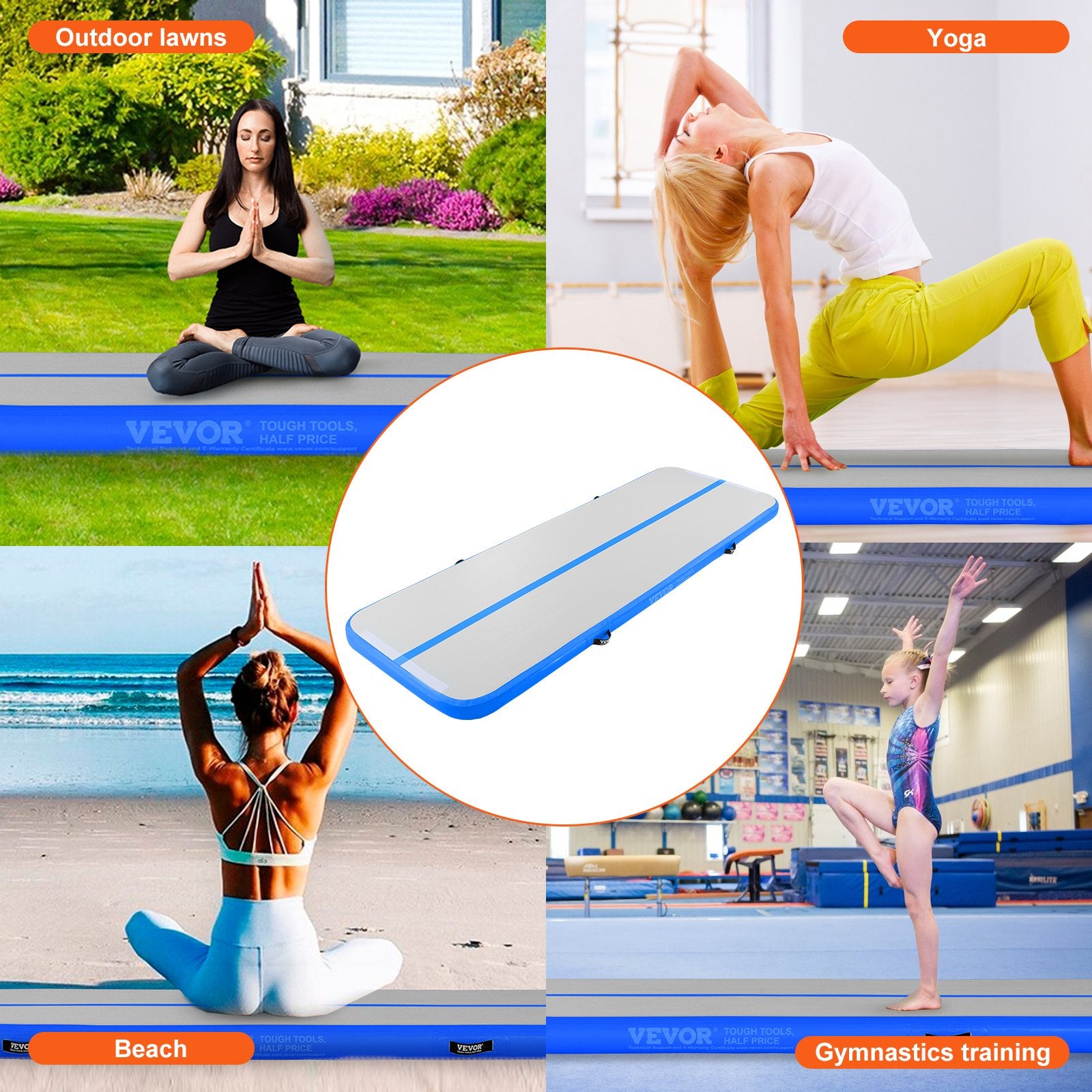 VEVOR Gymnastics Air Mat 10 x 3 ft, 4 inch Thickness Inflatable Gymnastics Tumbling Mat, Tumble Track with Electric Pump, Training Mats for Home Use/Gym/Yoga/Cheerleading/Beach/Park/Water, Blue