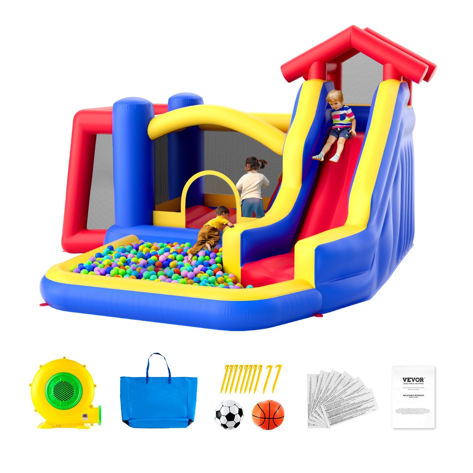 VEVOR Inflatable Bounce House, Outdoor High Quality Playhouse Trampoline, Jumping Bouncer with Blower, Slide, and Storage Bag, Family Backyard Bouncy Castle, for Kid Ages 3–8 Years, 131x133x91 inch