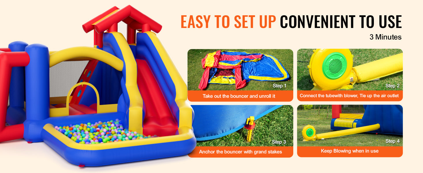 VEVOR Inflatable Bounce House, Outdoor High Quality Playhouse Trampoline, Jumping Bouncer with Blower, Slide, and Storage Bag, Family Backyard Bouncy Castle, for Kid Ages 3–8 Years, 131x133x91 inch