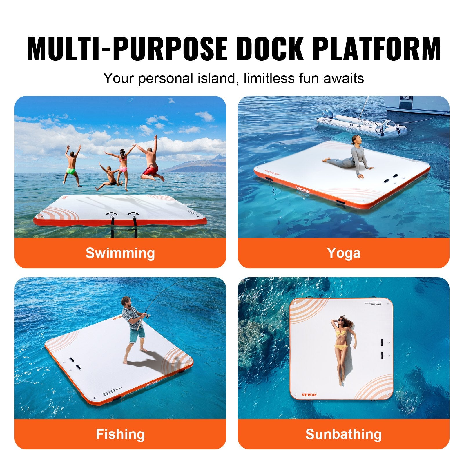 VEVOR Inflatable Floating Dock, 10 x 10FT Inflatable Dock Platform, Non-Slip Water Floating Dock Mat with Portable Carrying Bag & Detachable Ladder, Floating Platform Island Raft for Pool Beach Ocean