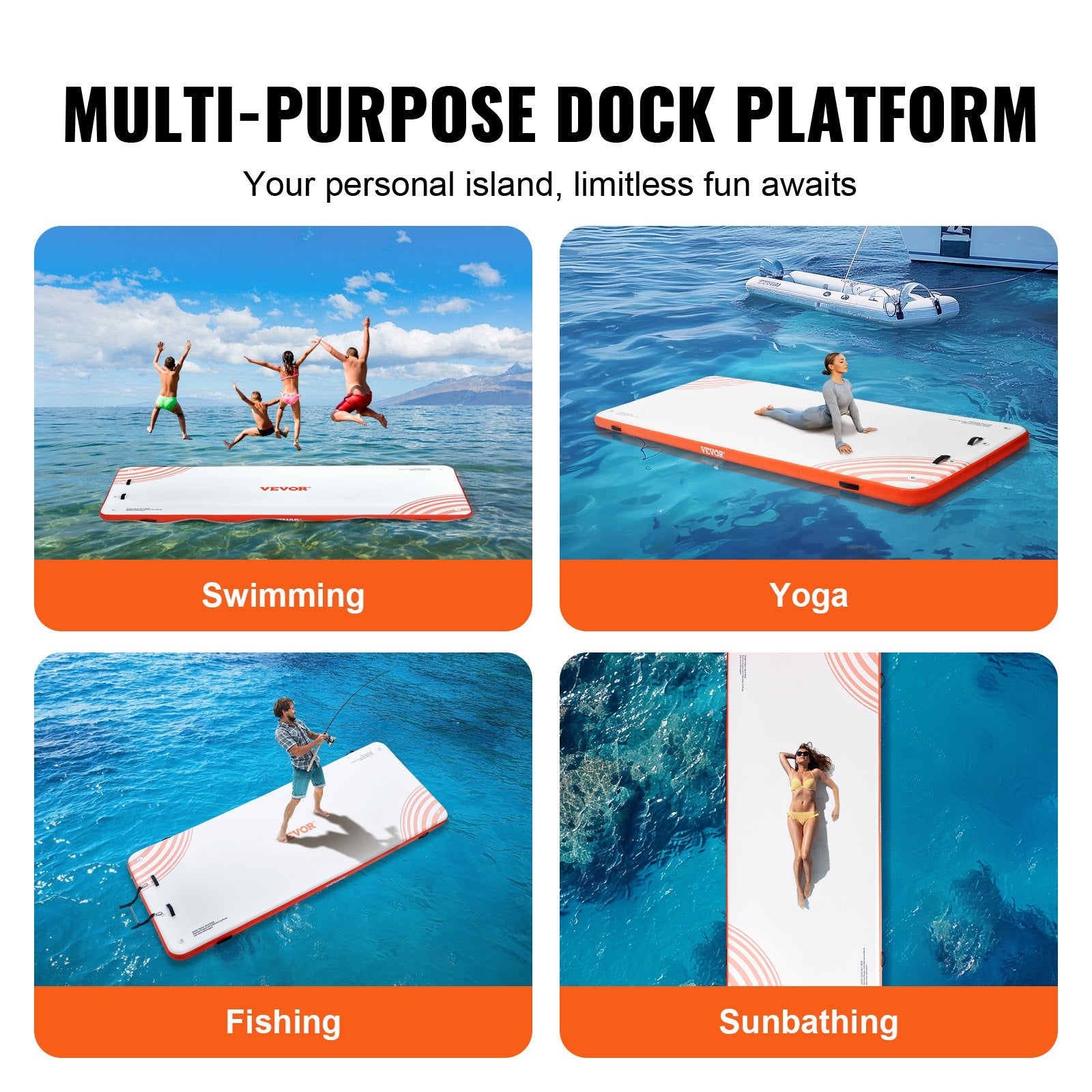 VEVOR Inflatable Floating Dock, 15 x 6FT Inflatable Dock Platform, Non-Slip Water Floating Dock Mat with Detachable Ladder & Portable Carrying Bag, Floating Platform Island Raft for Ocean Pool Beach