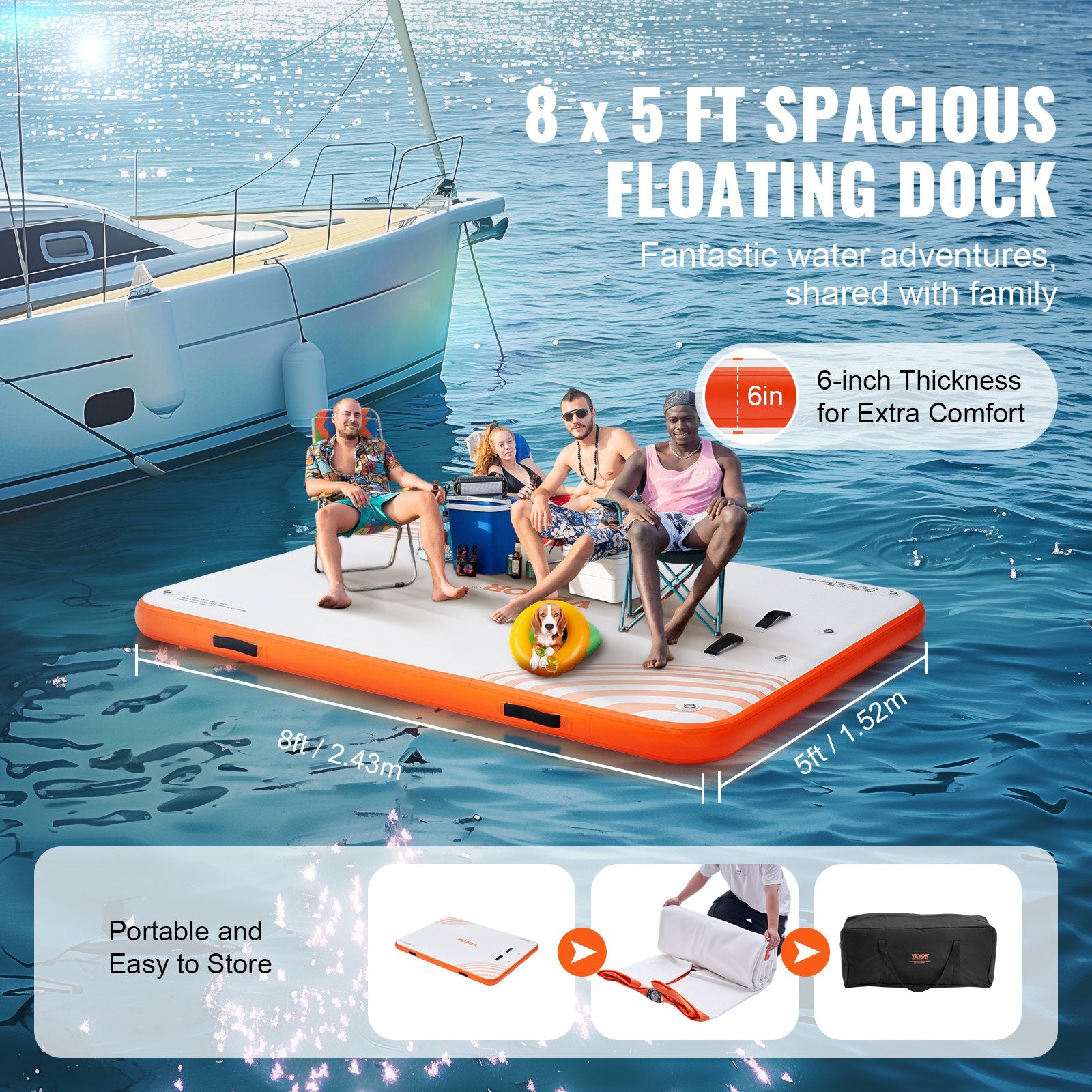 VEVOR Inflatable Floating Dock - 8x5FT Inflatable Dock Platform, Non-Slip Water Floating Dock Mat with Portable Carrying Bag & Detachable Ladder, Floating Platform Island Raft for Pool Beach Ocean