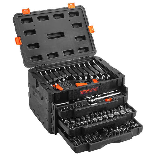 VEVOR Mechanics Tool Set and Socket Set, 1/4" 3/8" 1/2" Drive Deep and Standard Sockets, 450 Pcs SAE and Metric Mechanic Tool Kit with Bits, Hex Wrenches, Combination Wrench, Accessories, Storage Case  | VEVOR US
