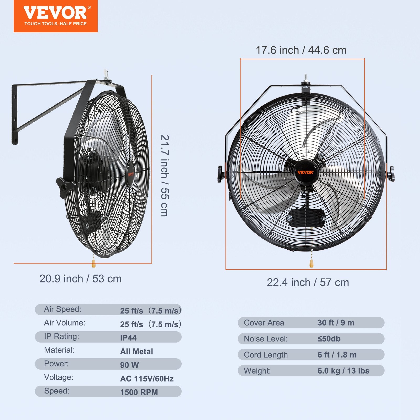 VEVOR Wall Mount Fan, 18 Inch, 3-speed High Velocity Max. 4150 CFM, Waterproof Industrial Wall Fan, Commercial or Residential for Warehouse, Greenhouse, Workshop, Patio, Black, ETL Listed