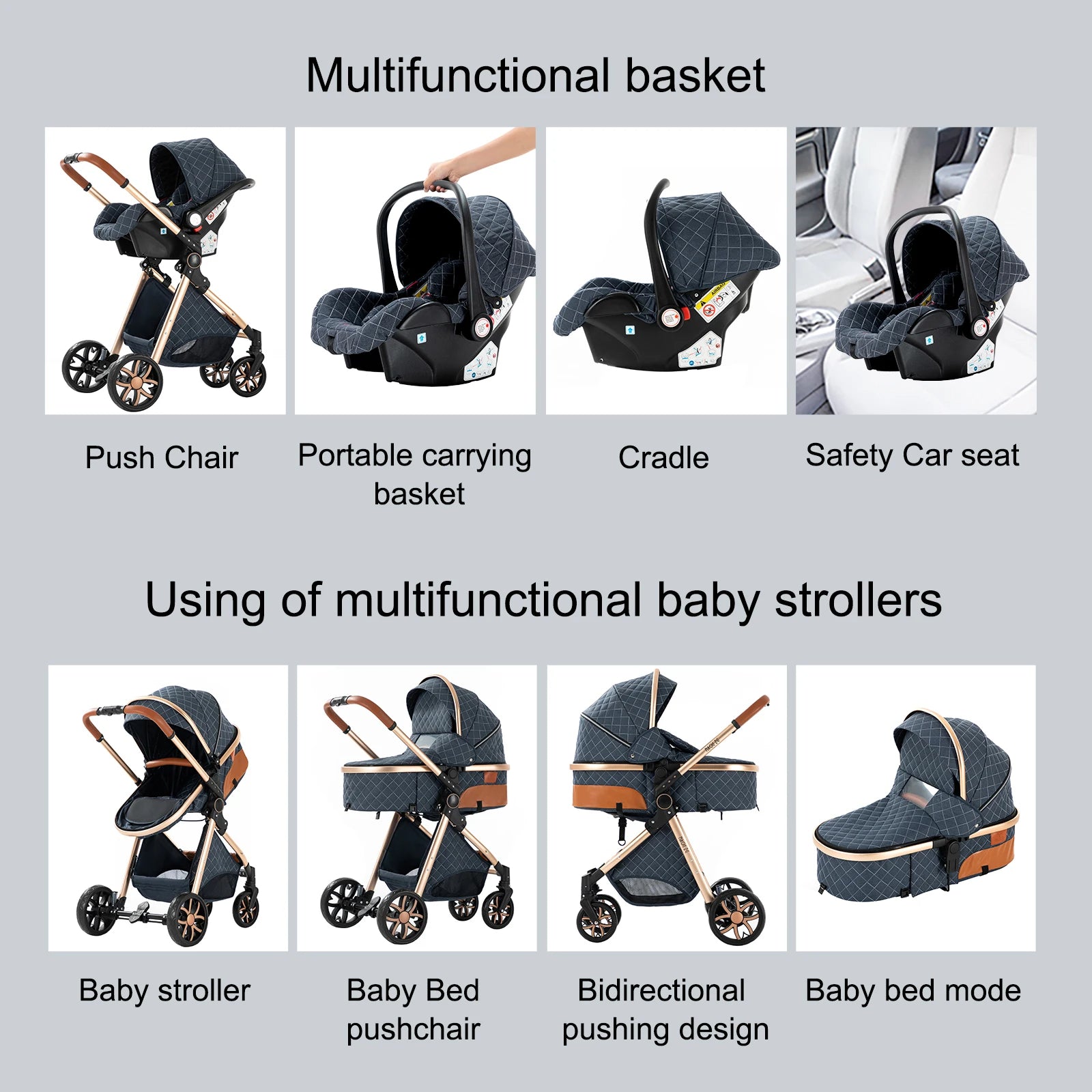 Luxury Baby Stroller 2 in 1 Foldable Stroller High landscape Newborn Baby Bassinet Puchair Lightweight baby cart with comfort