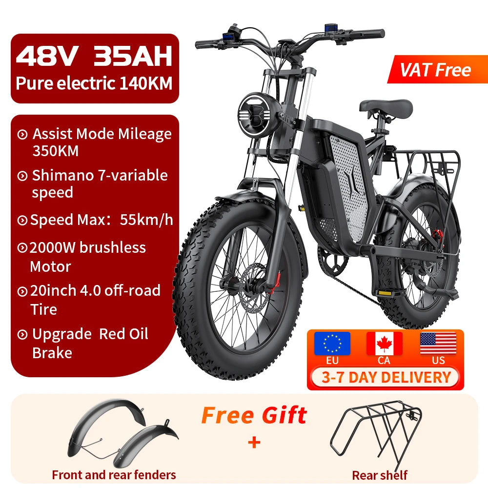 Electric Mountain Bike X20 - Moped Ebike - 20 Inch Fat Tire - 2000W 48V 35AH Men's Road EBike - Electric Bicycle For Adults E Bikes